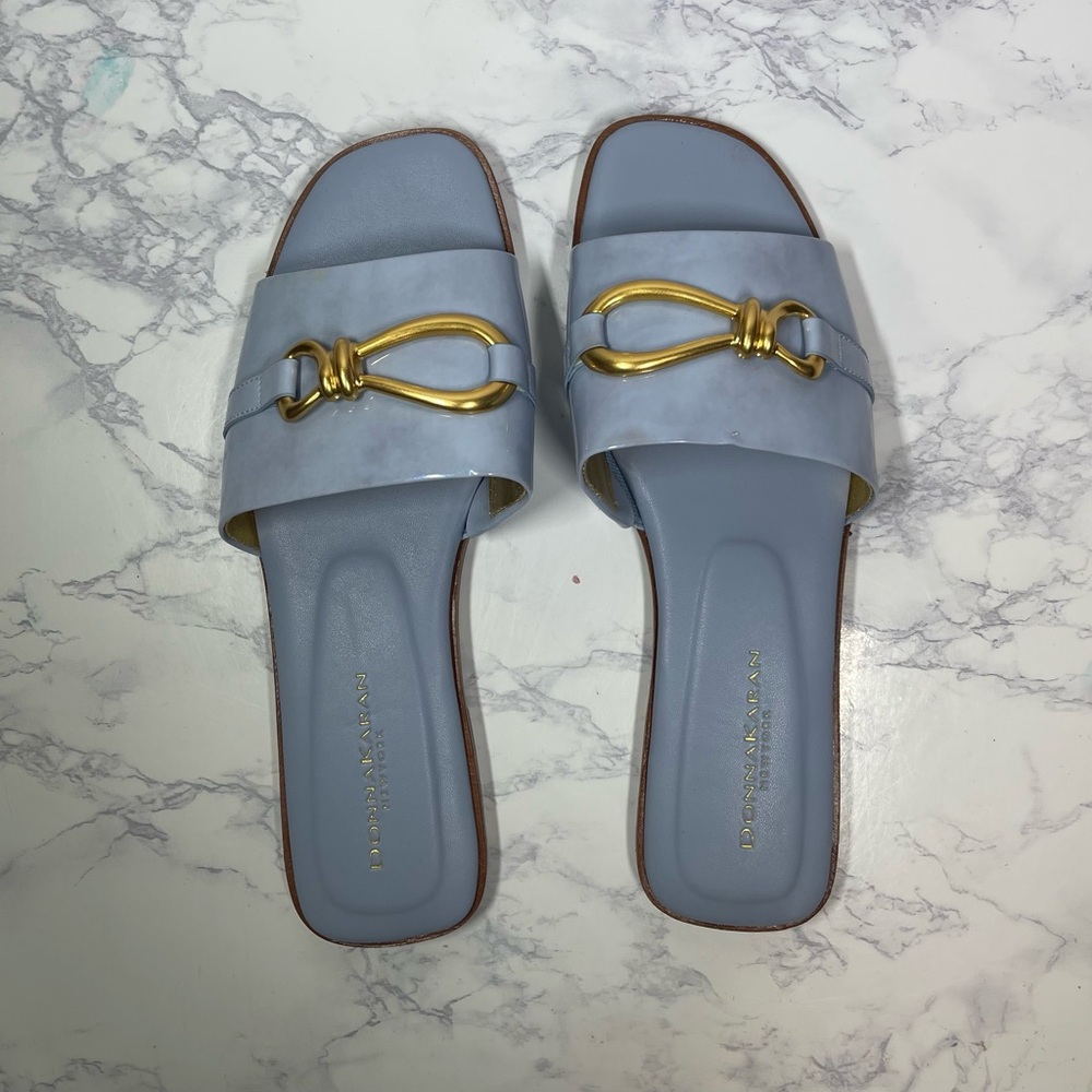 Donna Karen women’s blue sandal with gold detail